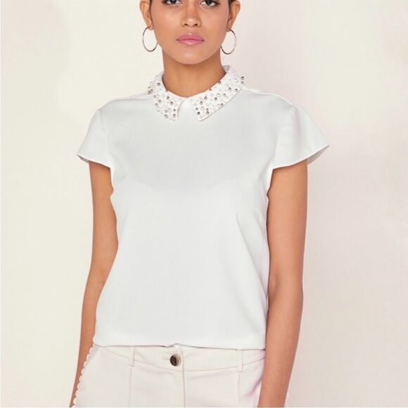 Ted Baker London Jaylen beaded bead embellished collar short sleeves top - Picture 4 of 11